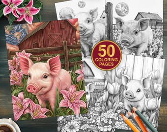 50 Baby Pig Coloring Pages, Farm Animal Art, Digital Download for Kids, Cute Printable Fun Coloring Activities, Relaxing Adult Coloring Book