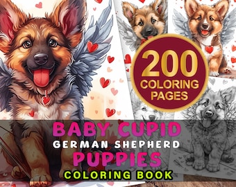 Dogs Coloring Book, Cupid German Shepherd, Grayscale Coloring Book, Adult and Kids Coloring Book, Instant Download PDF, Dog Coloring Pages