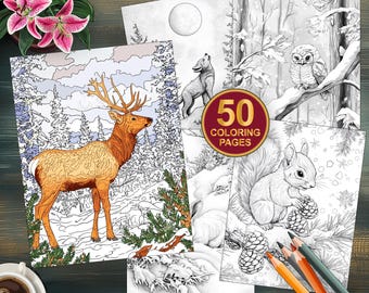 50 Winter Woodland Creatures Coloring Pages - Cute Animal Designs for Relaxation - Digital Download - Printable PDF Adult Coloring Book