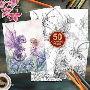 50 Dragons and Fairies Coloring Pages | Printable Fantasy Art for Adults | Mythical Creatures | Digital Download PDF | Fantasy Coloring