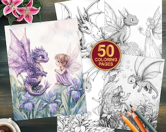 50 Dragons and Fairies Coloring Pages | Printable Fantasy Art for Adults | Mythical Creatures | Digital Download PDF | Fantasy Coloring