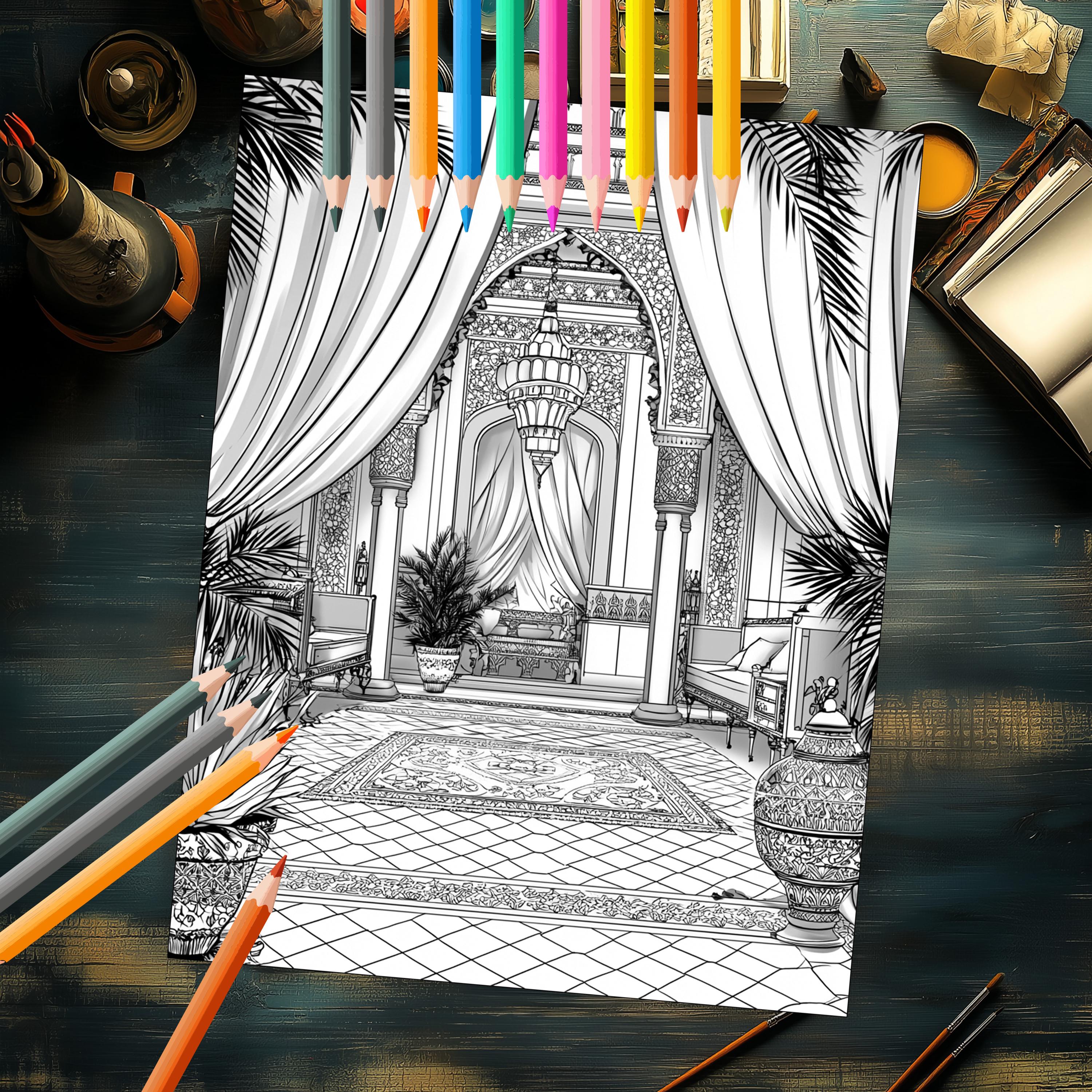 50 Fantasy Interior Coloring Pages | Grayscale Designs for Adults and ...