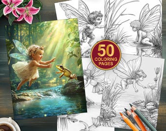 50 Little Fairy Coloring Pages | Printable Grayscale Art | Fantasy Coloring Book for Adults | Beautiful Grayscale Designs | Instant Download