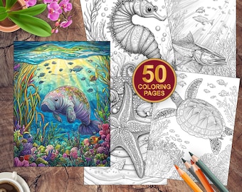 50 Sea Animals Coloring Book | Printable Ocean Creatures | Fun Activity for Kids | Under the Sea Adventure | PDF Grayscale Coloring Pages