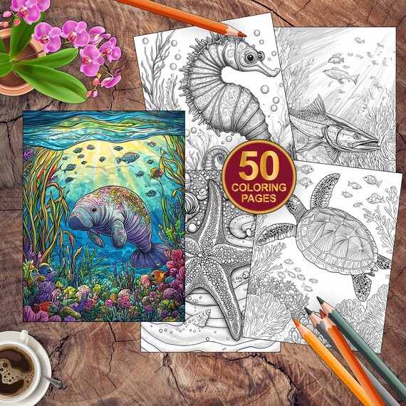 50 Sea Animals Coloring Book | Printable Ocean Creatures | Fun Activity for Kids | Under the Sea Adventure | PDF Grayscale Coloring Pages