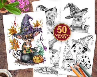 50 Halloween Welpen Witchy Malvorlagen | Graustufen Erwachsene Malvorlagen | Erwachsene + Kinder PDF Ausmalbilder | Hund Hexe Malbuch