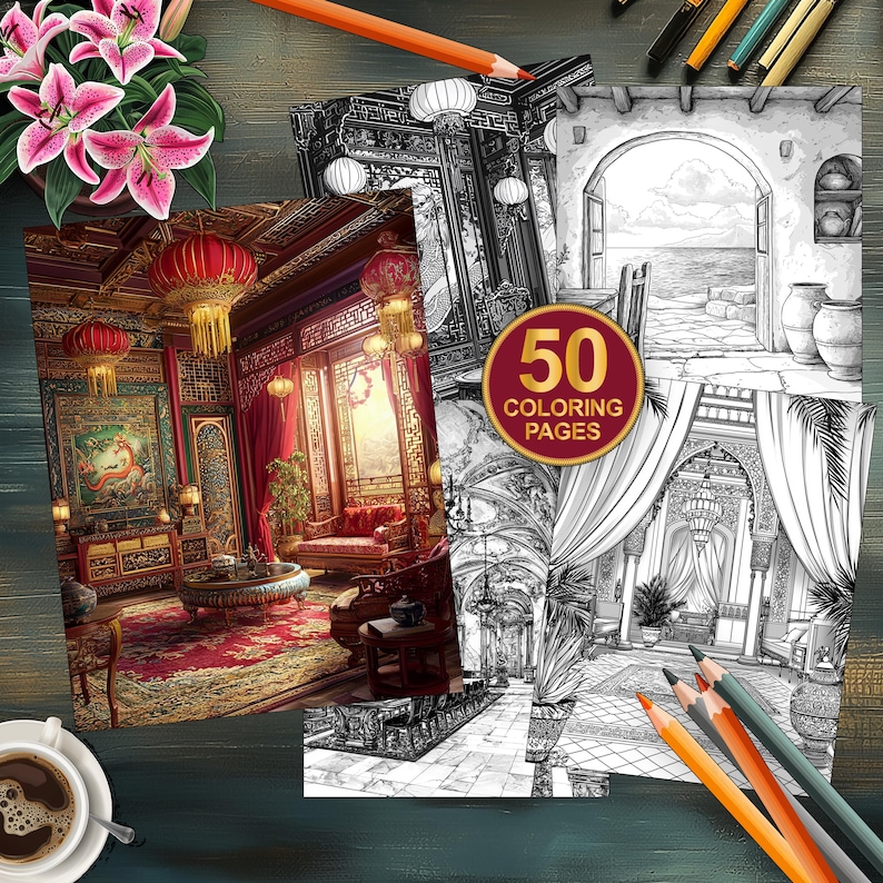 50 Fantasy Interior Coloring Pages | Grayscale Designs for Adults and ...