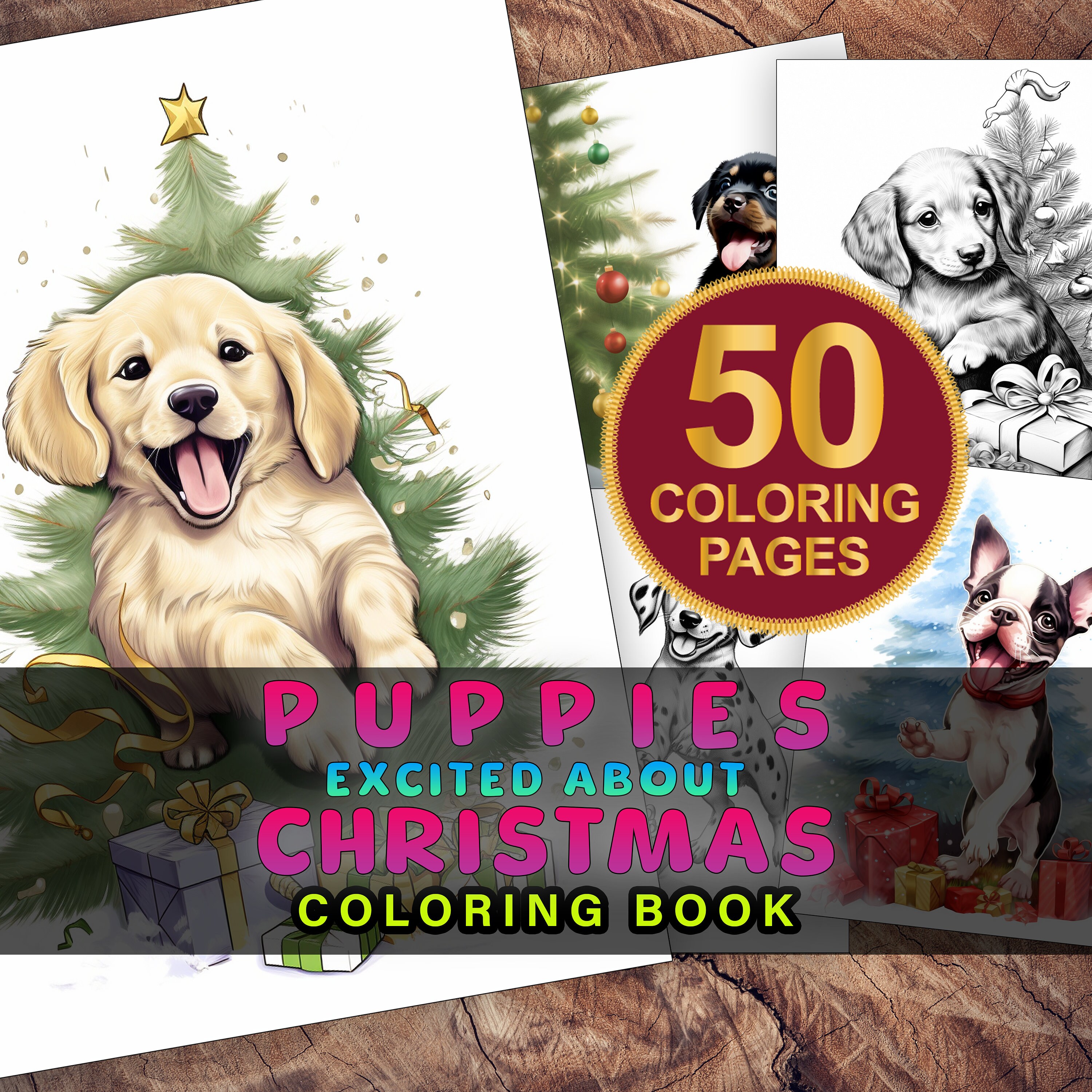 Christmas Dogs Coloring Book, Puppy Coloring Book, Grayscale Coloring
