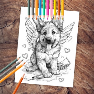 Adorable Cupid dog with heart arrows coloring page