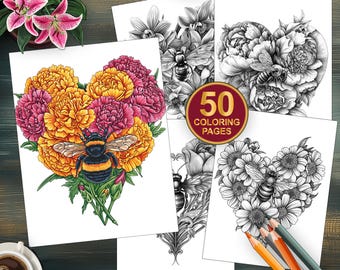 50 pages à colorier florales d'abeilles - feuilles numériques imprimables pour des adultes - téléchargement immédiat - coloration de pleine conscience - livre de coloriage floral de ressort
