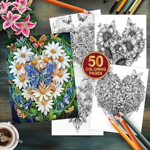 50 Mystical Butterfly Coloring Pages - Grayscale Fantasy Art - Adult Coloring Book - Digital Download - Grayscale Mandala Flower Butterflies