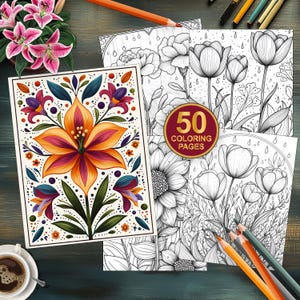 May include: A set of 50 coloring pages featuring intricate floral designs. The pages include a variety of flowers, including lilies, tulips, and sunflowers. The designs are detailed and intricate, making them perfect for adults and children who enjoy coloring.