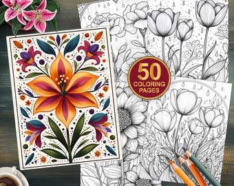 50 Mandala Folk Art Blossoms Digital Coloring Book | Boho Flowers Coloring Page | Printable Coloring Pages | Easy Coloring Floral Designs
