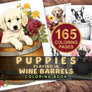 Dogs Coloring Pages, Puppies in Wine Barrels, Adults + Kids, Instant Download, Grayscale Coloring Pages, Printable PDF, Adult Coloring Book
