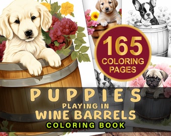Dogs Coloring Pages, Puppies in Wine Barrels, Adults + Kids, Instant Download, Grayscale Coloring Pages, Printable PDF, Adult Coloring Book