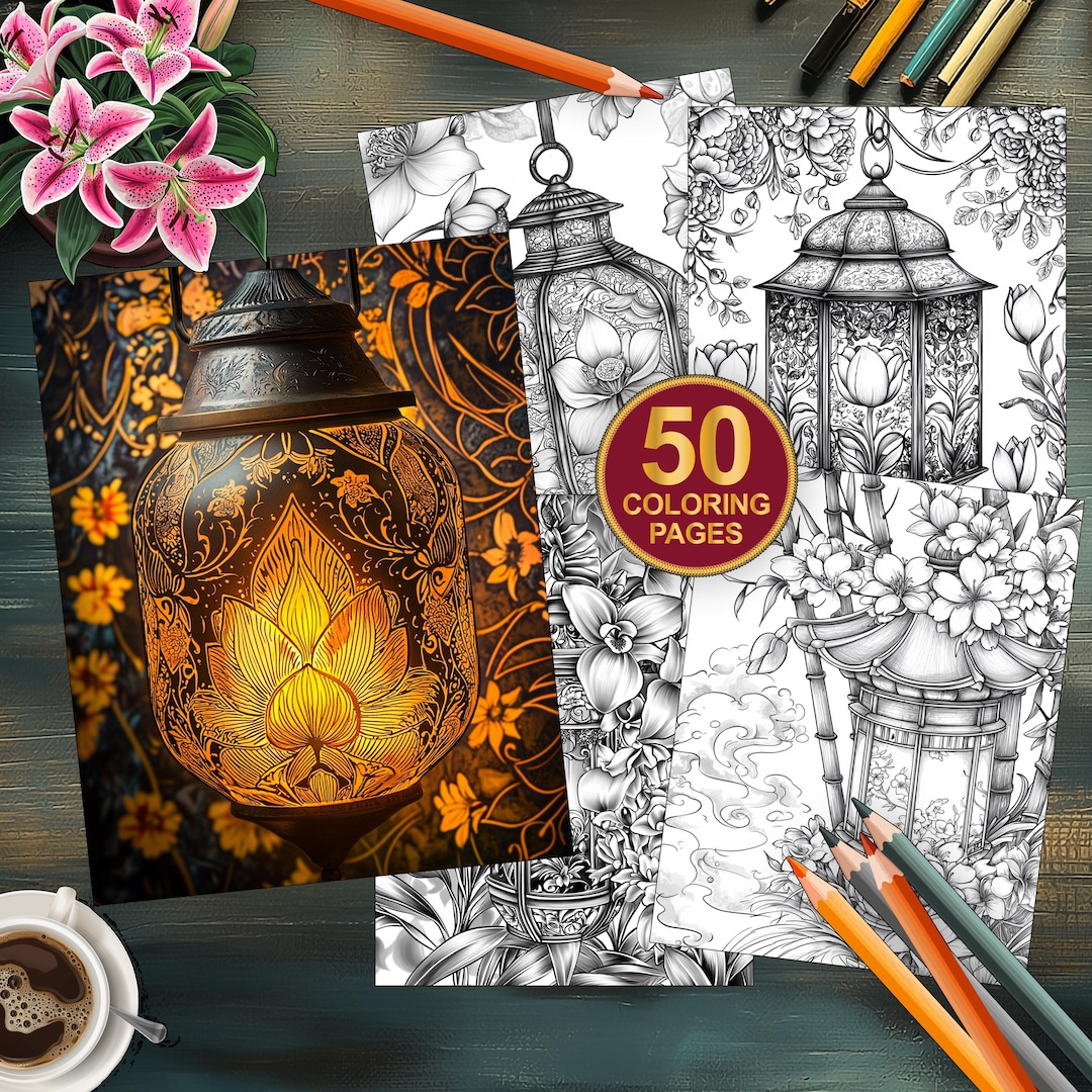 50 Floral Lanterns Coloring Book | Blooming Lantern Coloring Pages ...