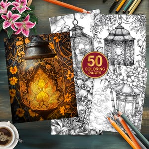 50 Floral Lanterns Coloring Book | Blooming Lantern Coloring Pages | Printable Floral Designs | Grayscale Prints | Instant PDF Download Book