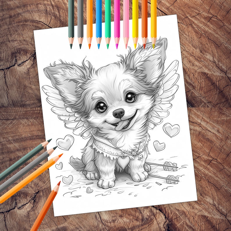 Adorable chihuahua with hearts coloring page