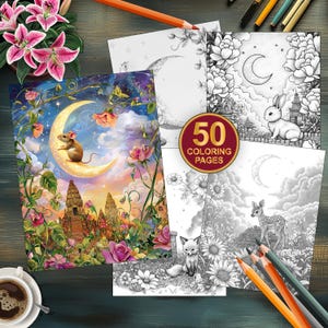 50 Floral Moon Coloring Pages, Animal Digital Download for Adults and Kids, Grayscale Printable Art, Fantasy Moonlit Portraits Coloring Book