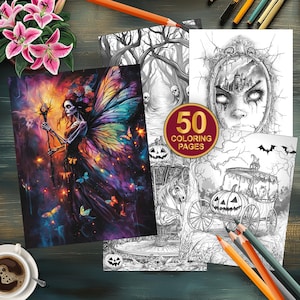 May include: A coloring book with 50 pages featuring a variety of spooky and whimsical illustrations. The cover features a colorful illustration of a fairy with wings, a wand, and a flowing dress. The book is perfect for adults and children who enjoy coloring.
