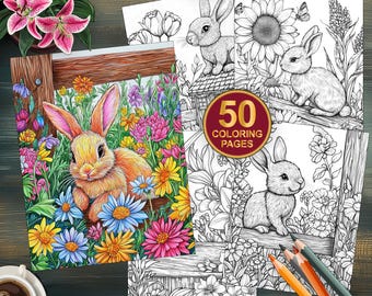 50 Baby Bunnies Coloring Pages - Floral Designs for Kids - Digital Download PDF Coloring Book - Easter Bunny Printable Coloring Pages in PDF