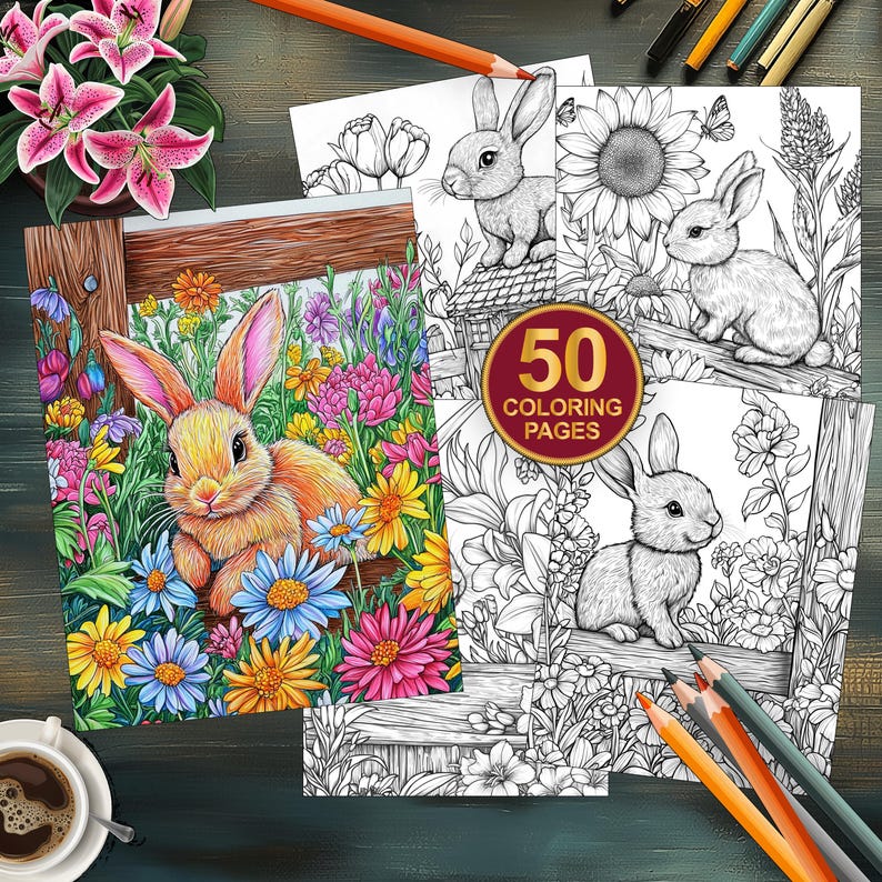 Baby Bunnies with Flower Coloring Pages Printable