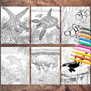 Oceanic animals with fish and coral to color