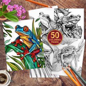 50 Tree Frogs Printable Coloring Pages | All Ages Coloring Books For Adults | Adults + Kids- Instant Download | PDF Grayscale Coloring Pages