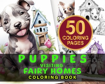 Libro da colorare con 50 cani / Case delle fate / Libro da colorare per adulti / Pagine da colorare per adulti e bambini / Pagine da colorare stampabili / Regalo per gli amanti dei cani