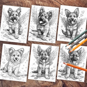 Cupid German Shepherd dog with bows and hearts