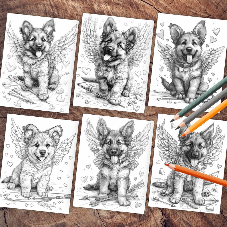 Cupid German Shepherd dog with bows and hearts