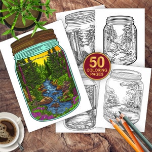 50 Forest Jar Coloring Pages - Relaxing Activity for Adults and Kids - Instant Download PDF - Woodland Nature Art - Digital Download PDF