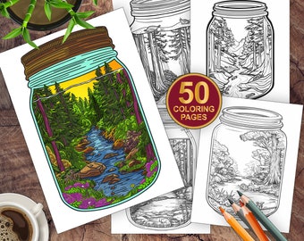 50 Forest Jar Coloring Pages - Relaxing Activity for Adults and Kids - Instant Download PDF - Woodland Nature Art - Digital Download PDF