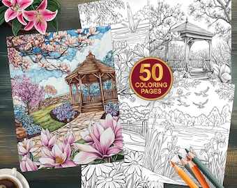 50 Spring Blooms Coloring Pages | Printable Flower Designs for Adults | Digital Download | Grayscale Art to Color | Floral Art Coloring Page