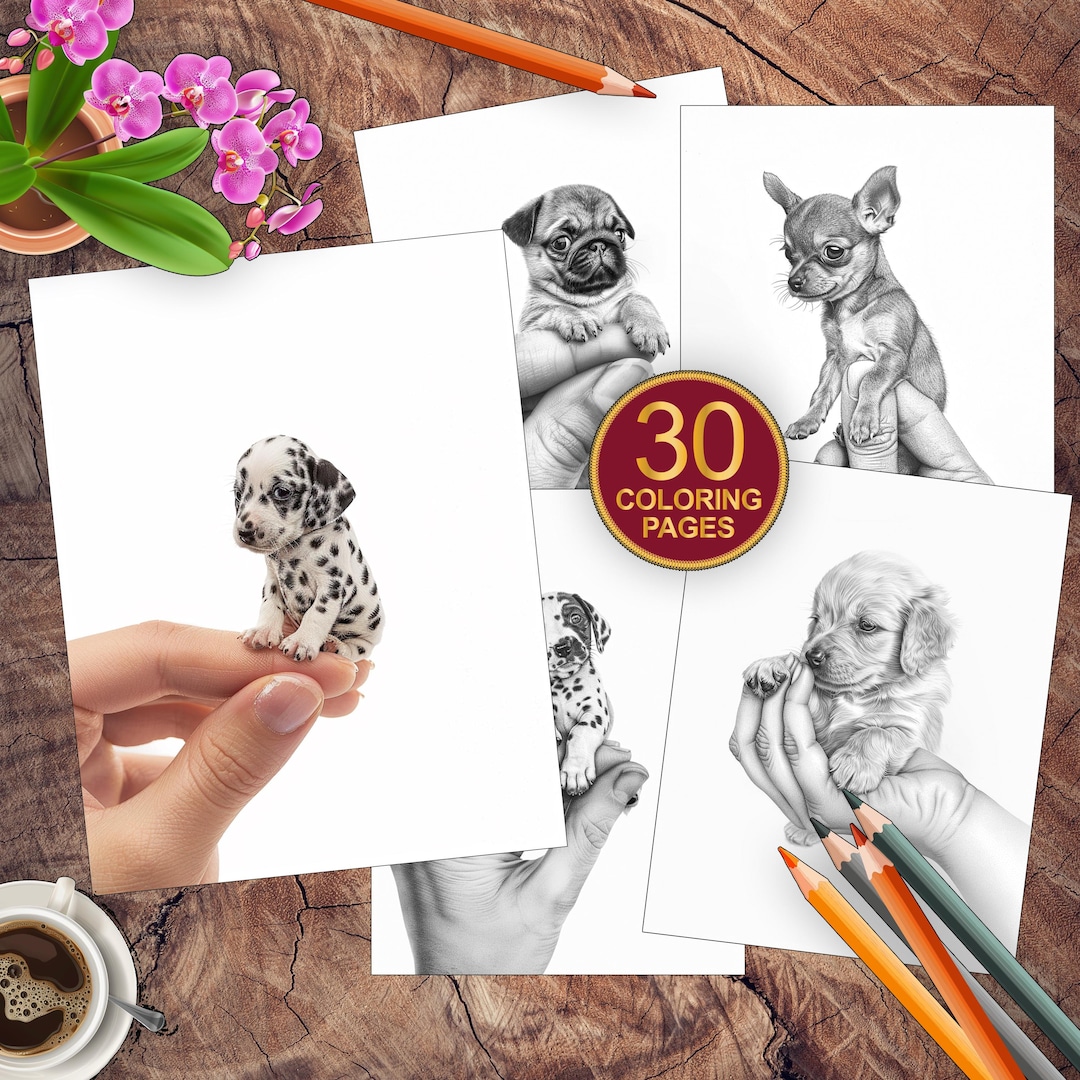 30 Micro Puppies Coloring Book | Grayscale Coloring Book | Adult + Kids ...