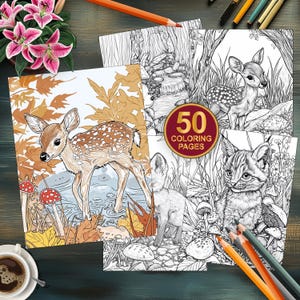 50 Grayscale Autumn Animals Coloring Book - Woodland Animals Coloring Pages - For Adults and Kids Instant PDF Download - Cute Forest Animals