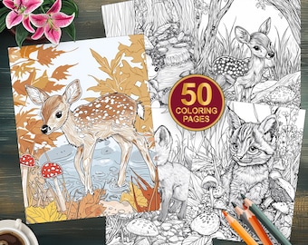 50 Grayscale Autumn Animals Coloring Book - Woodland Animals Coloring Pages - For Adults and Kids Instant PDF Download - Cute Forest Animals