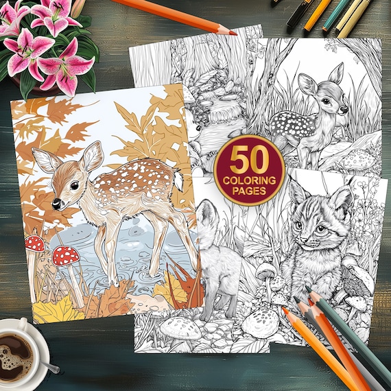 50 Grayscale Autumn Animals Coloring Book - Woodland Animals Coloring Pages - For Adults and Kids Instant PDF Download - Cute Forest Animals