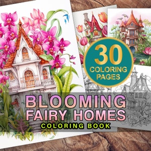 30 Blooming Fairy House Coloring Pages | Digital Download Coloring Pages | Coloring Pages Printable | Grayscale Coloring Book For Adults