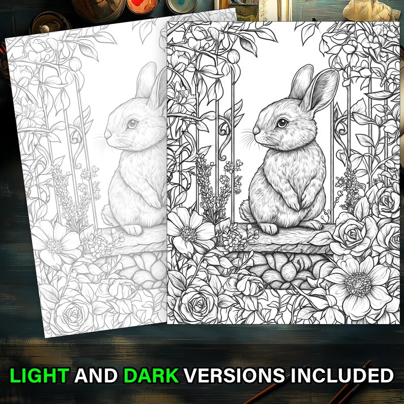 Cute Bunny and Floral Coloring Sheet for Kids and Adults