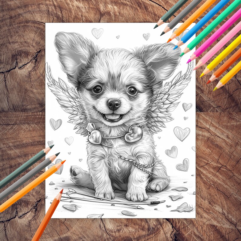 Chihuahua and love hearts Valentine coloring page