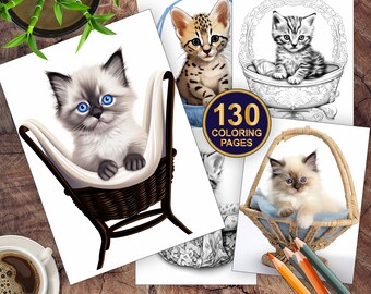 130 Cats Coloring Book | Grayscale Coloring Book | Kitten Coloring Page | Grayscale Coloring Page |  Printable Pdf | Cat Lover Coloring
