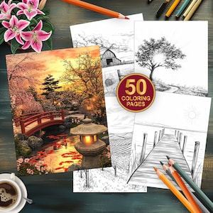 50 Sunset Landscape Coloring Pages | Digital Download for Adults | Relaxing Art Therapy | Printable Coloring Sheet | Grayscale Printable Art