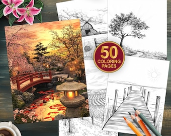 50 kleurplaten zonsonderganglandschap | Digitale download voor volwassenen | Ontspannende kunsttherapie | Afdrukbare kleurplaat | Afdrukbare kunst in grijstinten
