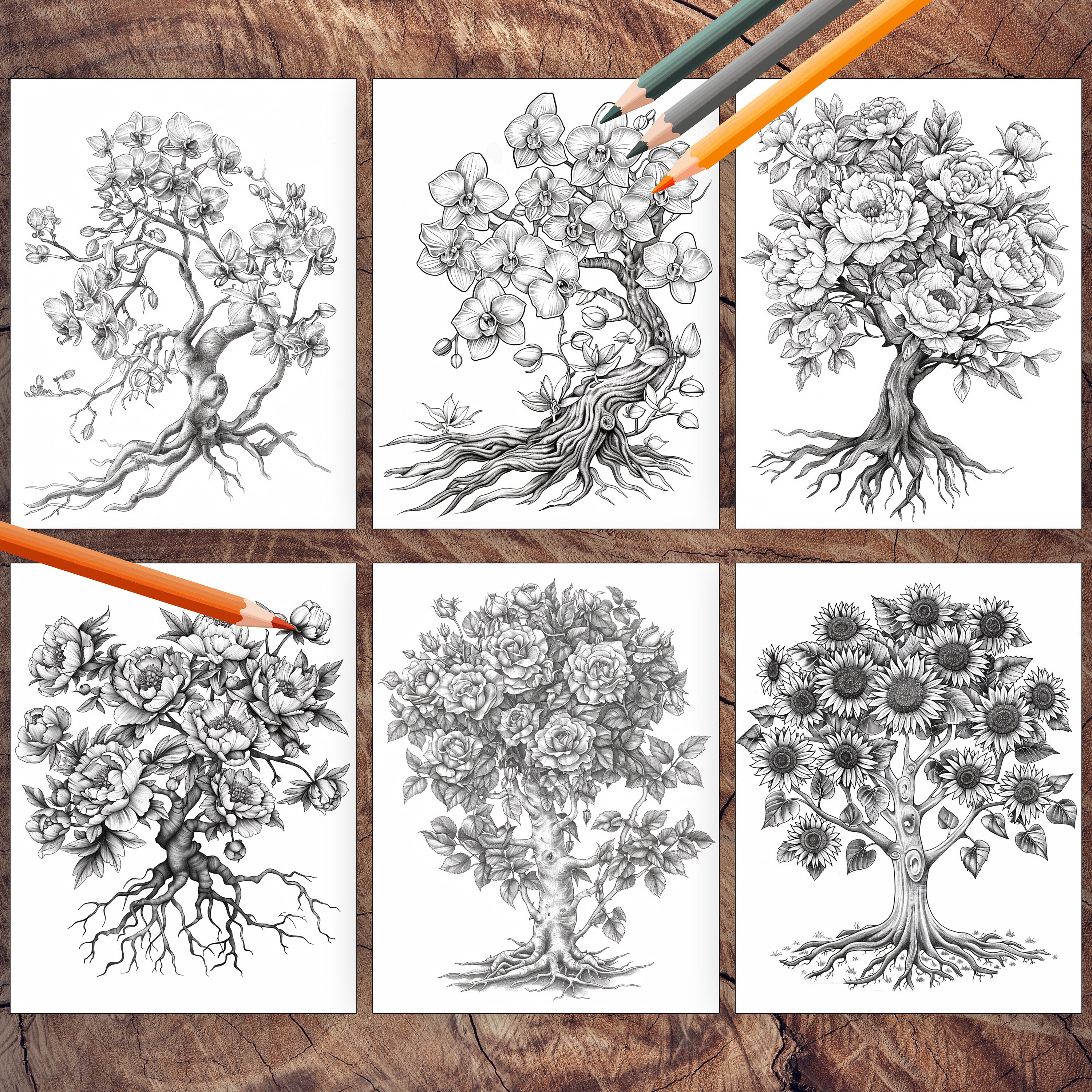 50 Fantasy Flower Trees Coloring Pages | Botanical Coloring | Flower ...