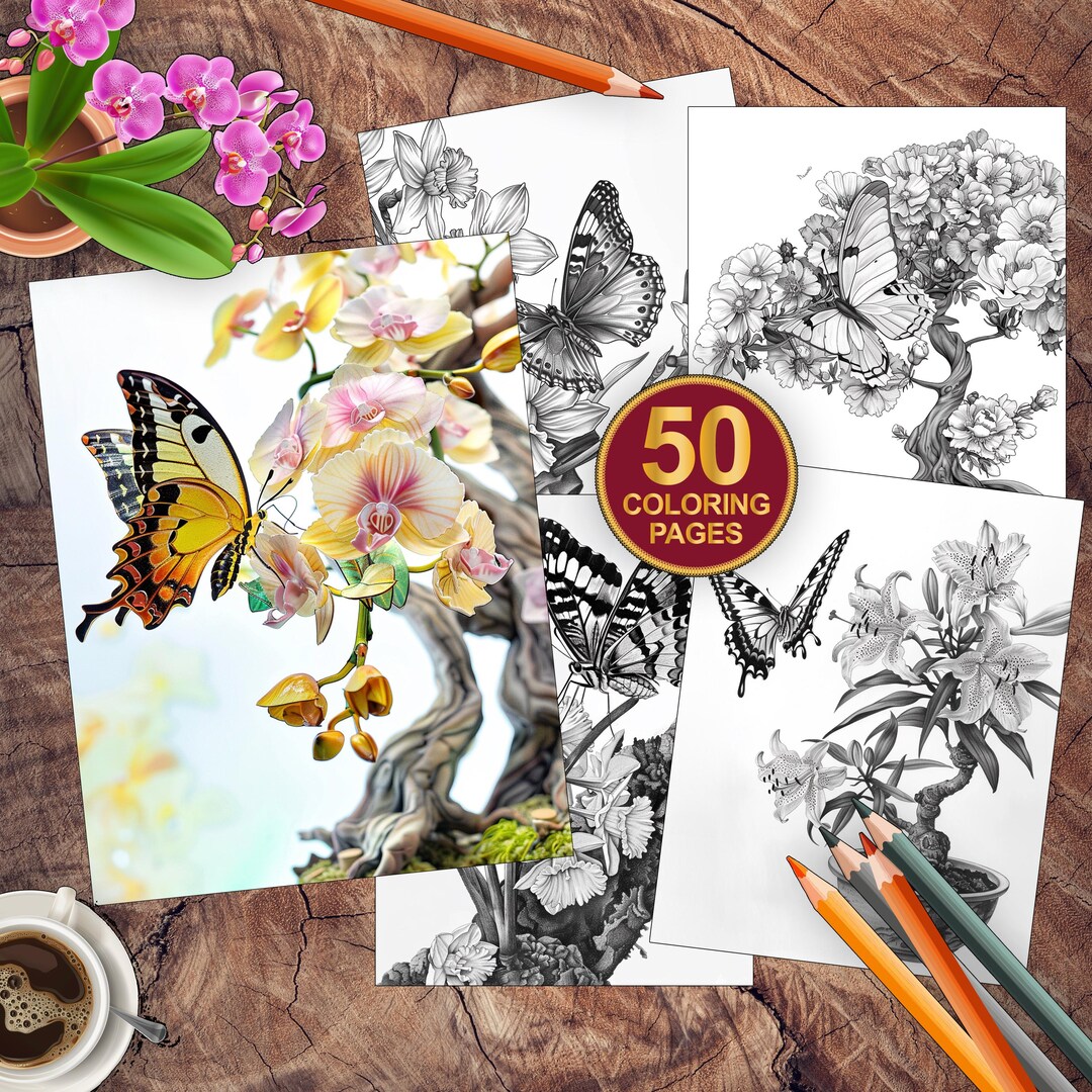 50 Floral Butterfly Coloring Book Printable Flower Butterflies Coloring