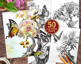 50 Floral Butterfly Coloring Book | Printable Flower Butterflies Coloring Pages | Butterflies And Flowers Coloring Book | Printable Pdf