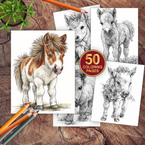 50 Little Horses Coloring Book | Digital Download Grayscale Coloring | Coloring Pages For Adults + Kids | Printable Pdf Instant Download