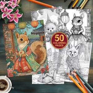 50 Woodland Critters Coloring Pages | Global Woodland Animals Coloring Book | Cute Creatures in Traditional Dress | Grayscale Coloring Book