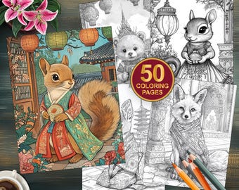50 Woodland Critters Coloring Pages | Global Woodland Animals Coloring Book | Cute Creatures in Traditional Dress | Grayscale Coloring Book